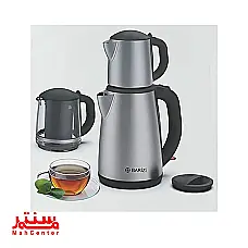 تصویری از یک چای‌ساز باریزی (Barizi) با طراحی استیل ضدزنگ و دسته‌های مشکی، شامل کتری و قوری روی هم." - دوم